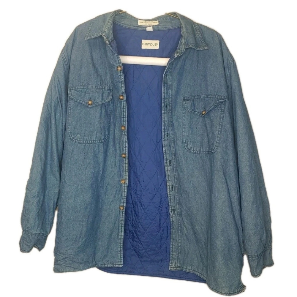 Campus Shacket Jean Shirt Jacket Men XL Quilted Lined Blue Denim Button Vtg 90s
